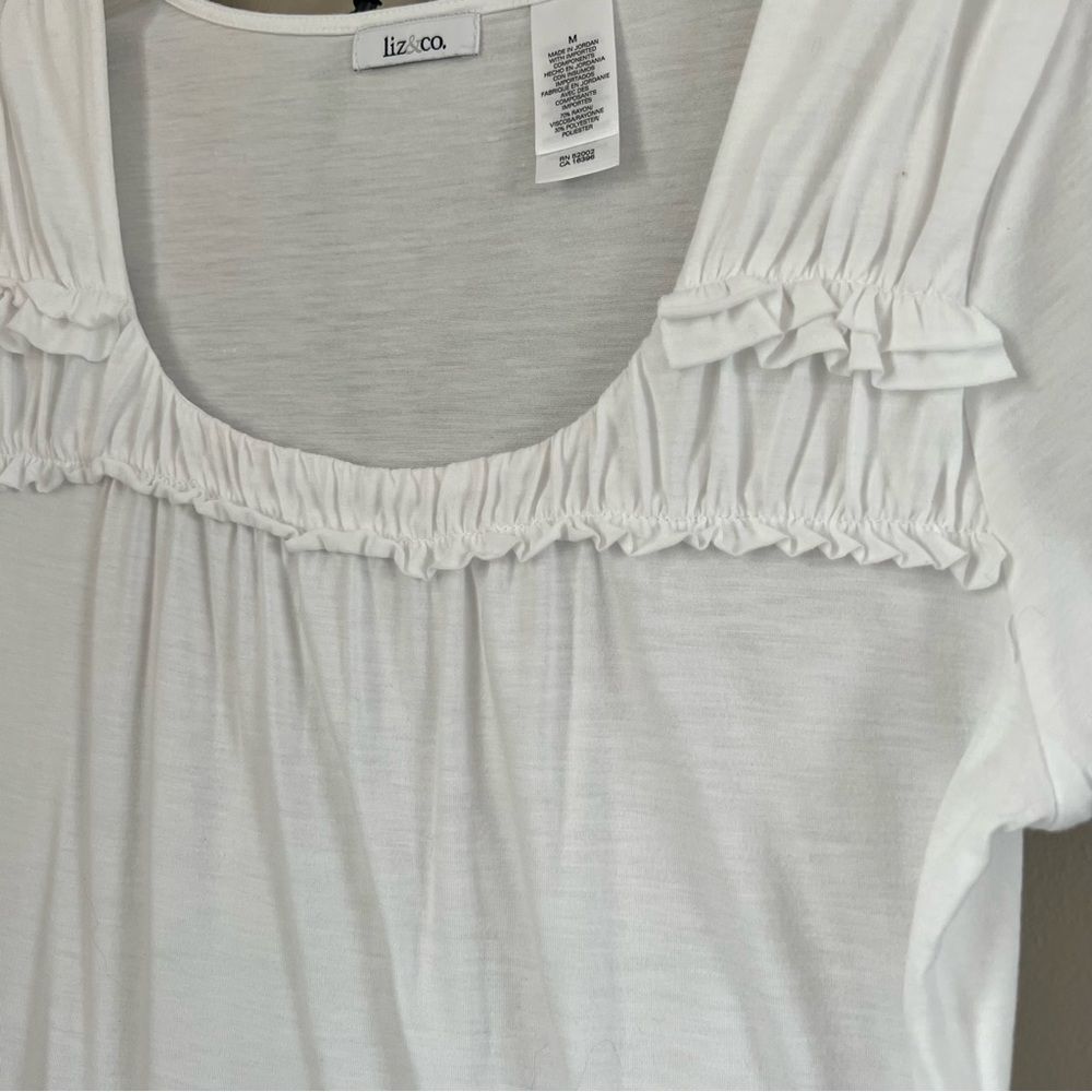 Liz & Co. Cotton Crisp White Short Sleeve Ruffled Blouse Top Tee Size M - Picture 5 of 9